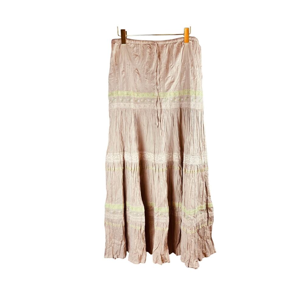 Vintage 90s Capricorn Pink Tiered Maxi Skirt Lace Trim Cotton Boho Medium - Picture 2 of 5